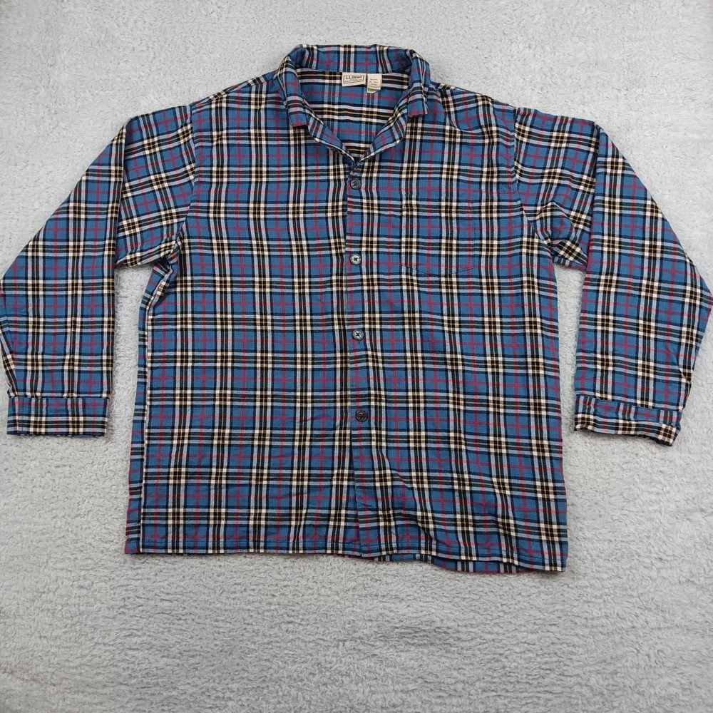 L.L. Bean Pajama Top Sleep Shirt Mens XL Tall Blue Plaid‎ Cotton 107924